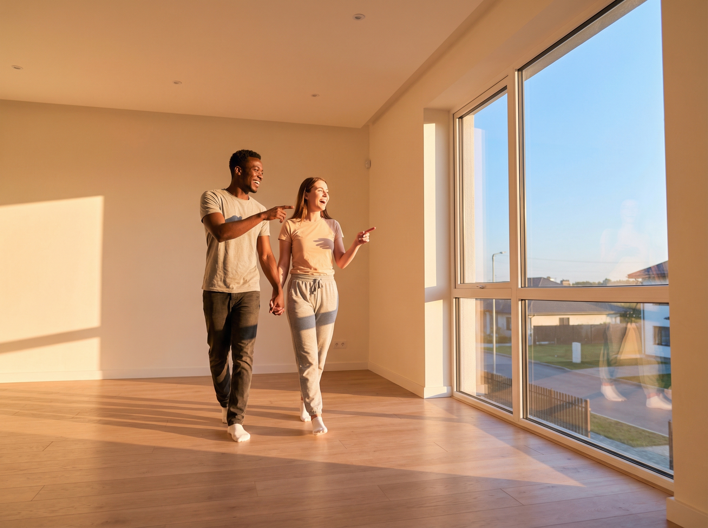 Young couple exploring a bright, sun-filled home representing the joy of discovering your new home