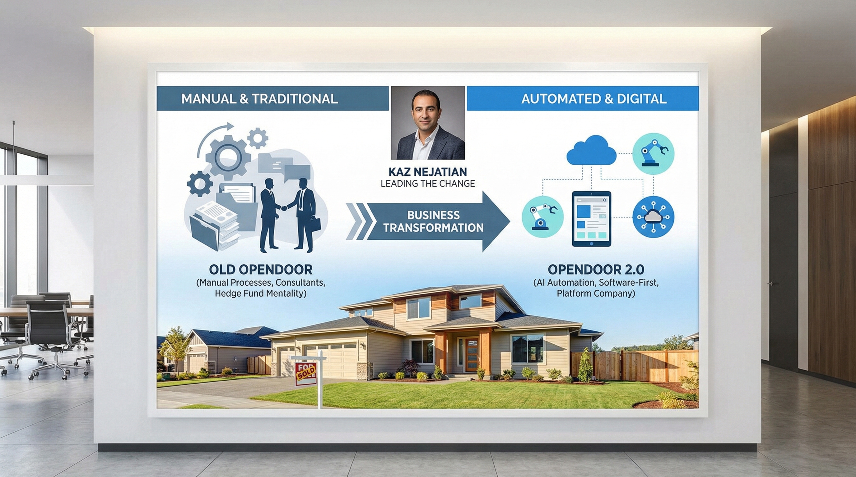 Opendoor transformation from old model (manual, consultants) to new model (AI, software-first)