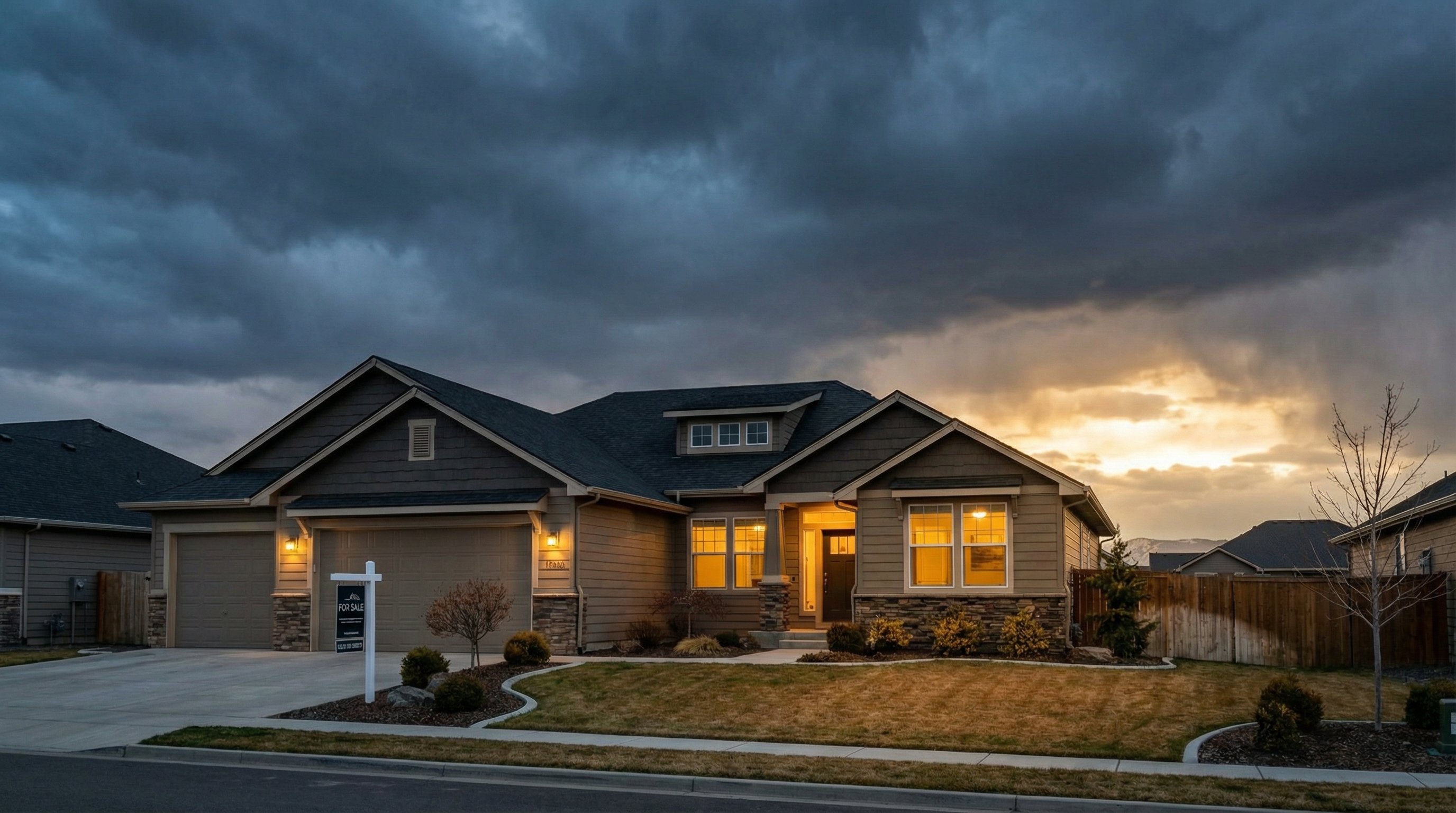 Storm clouds over suburban homes with a break of light on the horizon representing challenges and determination