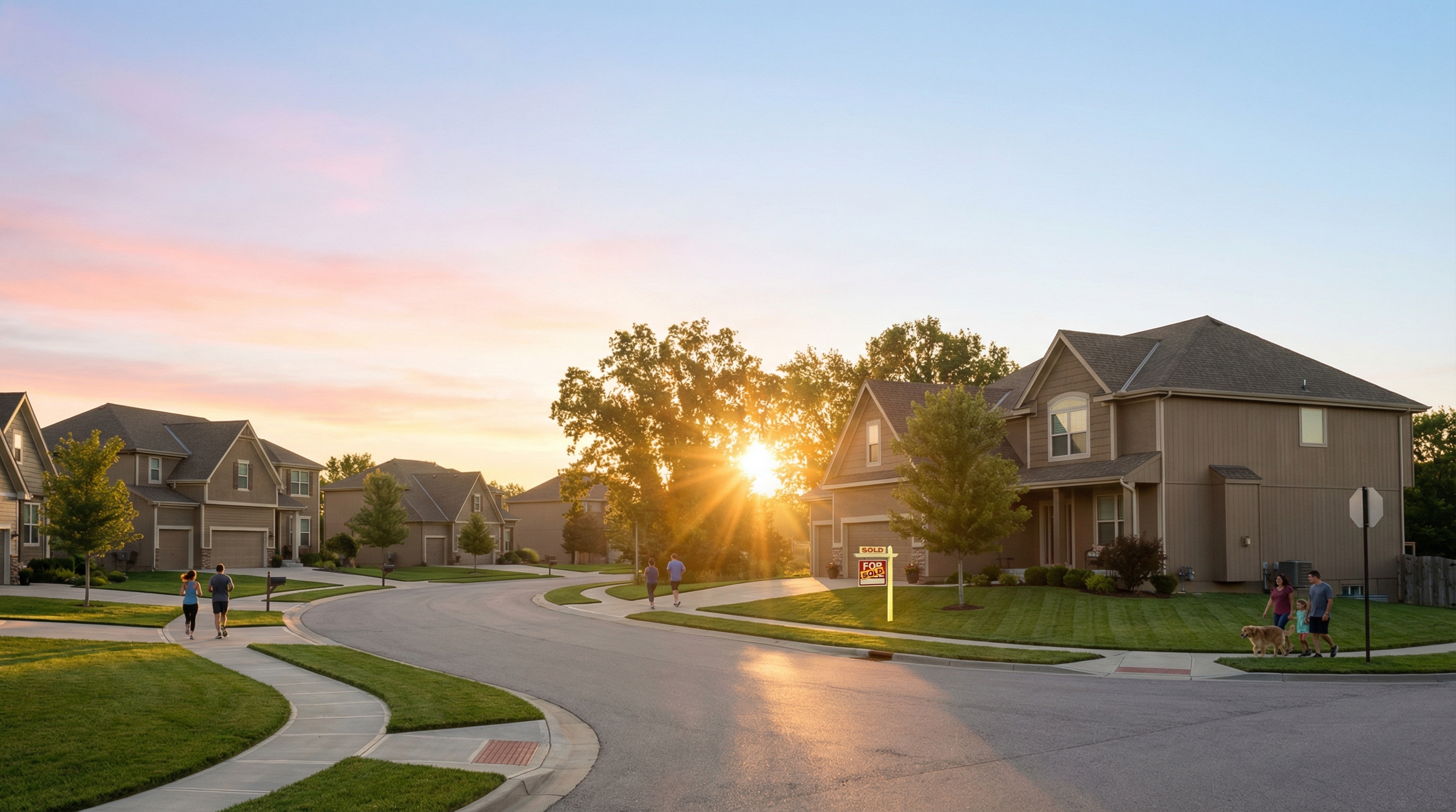 Sunrise over suburban neighborhood representing new beginnings in real estate
