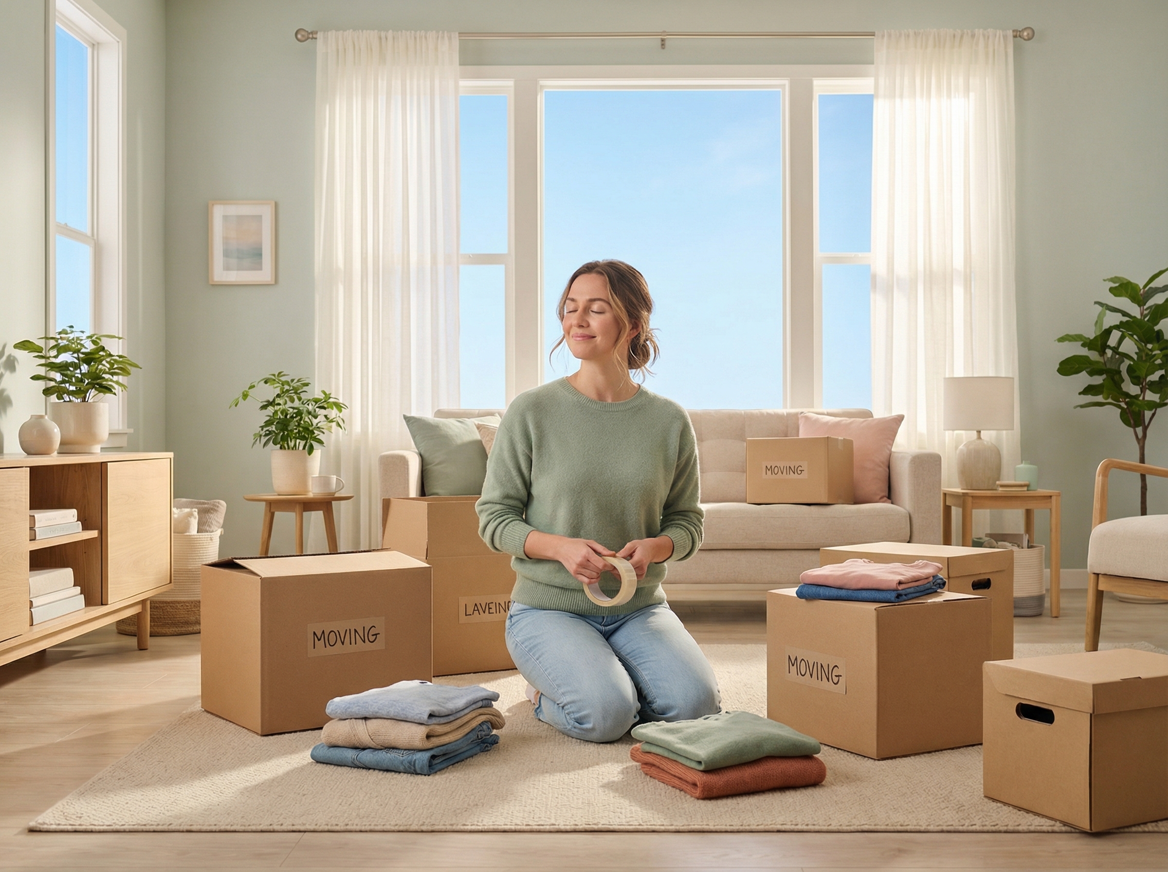 Woman calmly packing moving boxes in bright living room